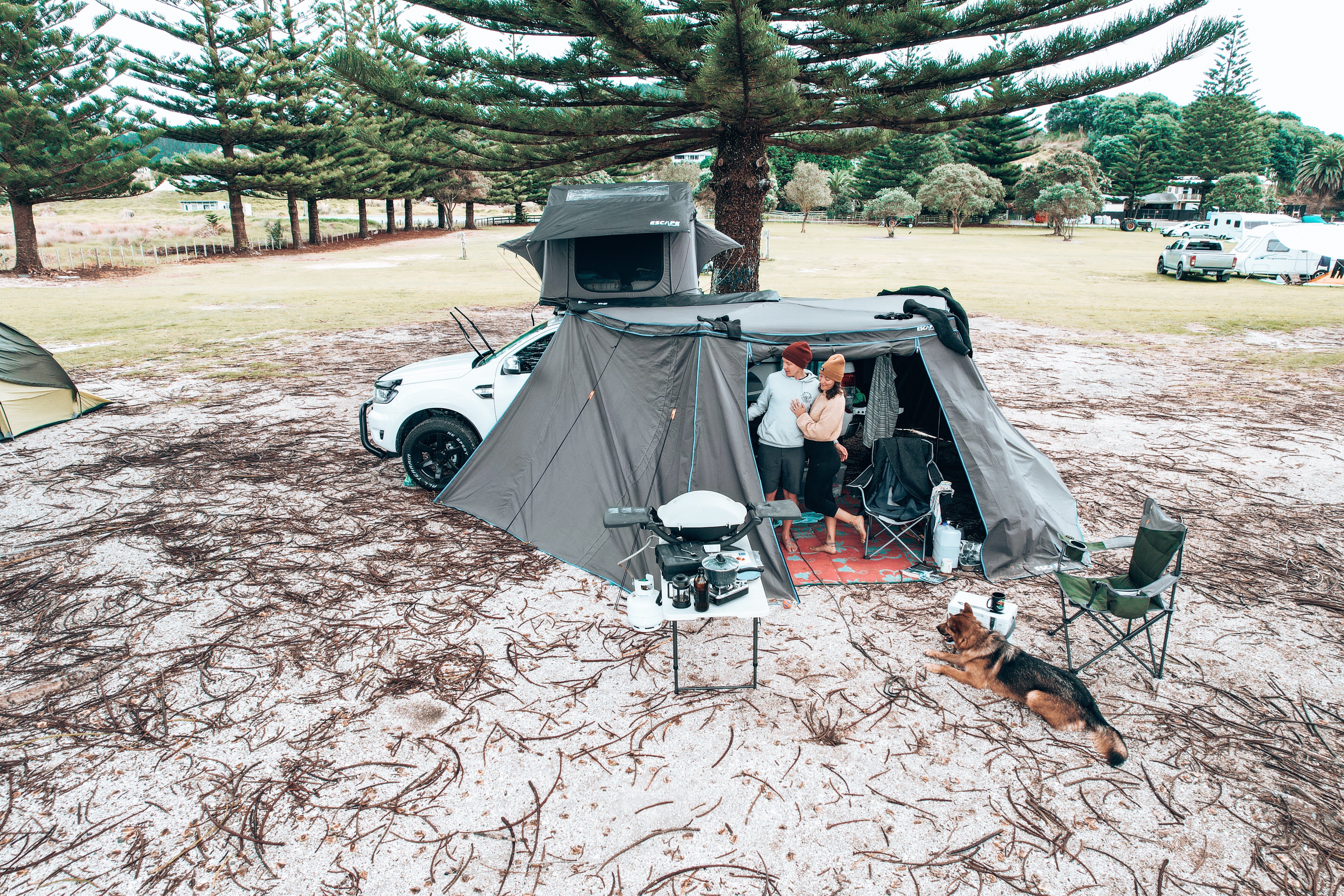 Ash and Vee's rooftop tent setup in New Zealand